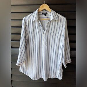 Rachel Zoe Stripe Collar Blouse White W/Blue Black Stripes 3/4 Sleeves Large